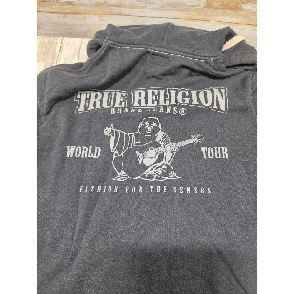 True Religion Mens Black World Tour Buddha Zip Up Hoodie Small Contrast Stitch S